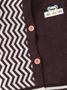 Infant Boys' Zigzag Pattern Teddy Bear Patch Cardigan With Front Snap Closure - Brown - View 5