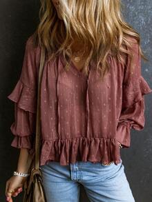 Chấm Swiss tay áo lá sen Viền Ruffle Cà vạt Áo sơ mi Peplum - Đỏ - Xem 3