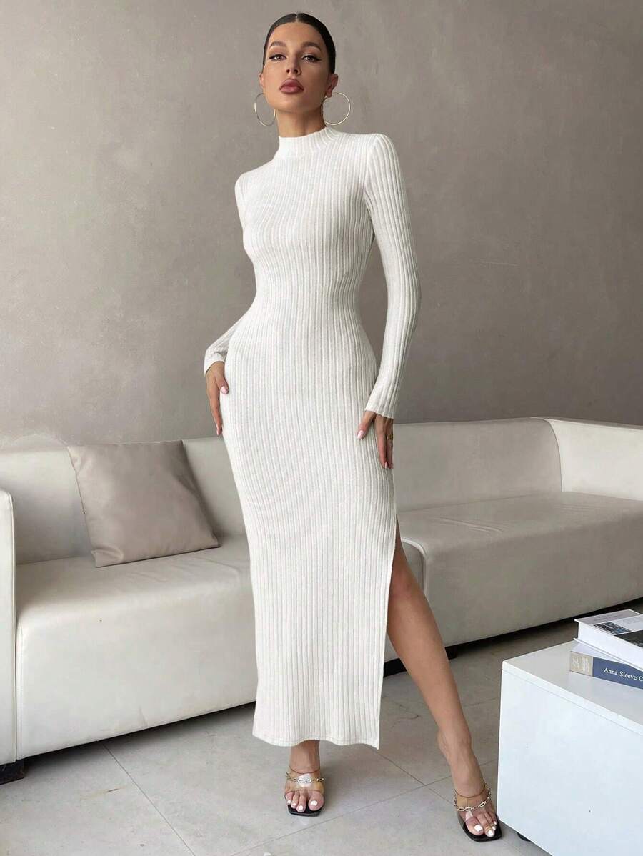 SHEIN Privé Fine Ribbed Bodycon Dress With High Side Slit - White - View 1