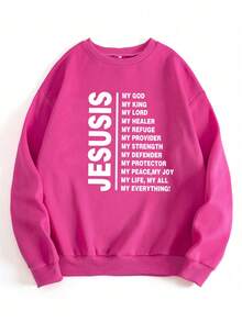 SHEIN EZwear Plus Size Slogan Print Warm Lined Sweatshirt - Hot Pink - View 5