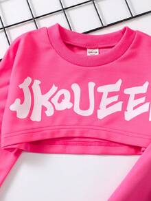 SHEIN 幼兒女孩街頭風格字母印花短上衣和休閒長褲 2 件套 - 玫紅色 - 查看 6