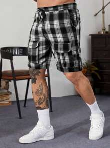 Manfinity Homme 男士格子紋束口休閒短褲,日常穿著 - 黑與白 - 查看 1