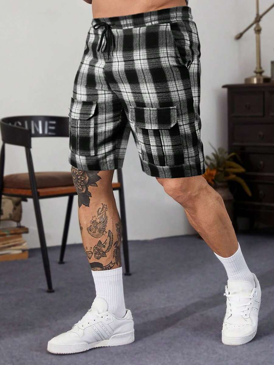 Manfinity Homme 男士格子紋束口休閒短褲,日常穿著 - 黑與白 - 查看 1