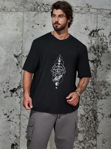 Manfinity Homme Men's Plus Size Galaxy Print Short Sleeve T-shirt - Black - View 4