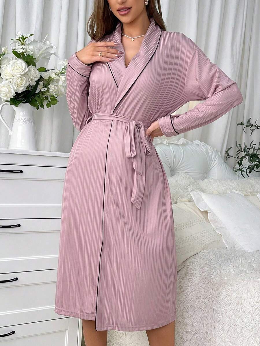 Contrast Trim Belted Kimono Robe With Shawl Collar - Dusty Pink - View 1