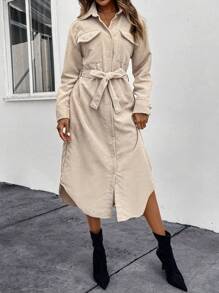 SHEIN LUNE Corduroy Trench Coat With Lapel Collar, Belt And Flap Pockets - Khaki - View 6