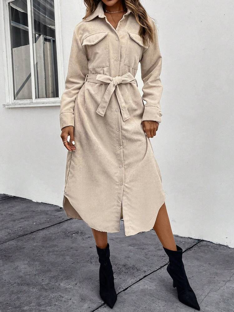 Corduroy Trench Coat With Lapel Collar, Belt And Flap Pockets