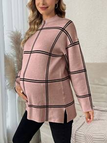 SHEIN 孕婦格紋開叉下擺毛衣 - 藕粉色 - 查看 5
