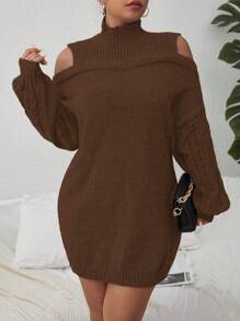 Celure Plus Cold Shoulder Cable Knit Sweater Dress Without Belt - Coffee Brown - View 1
