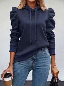 SHEIN Privé Ladies' Drawstring Bubble Sleeve Sweatshirt - Navy Blue - View 3