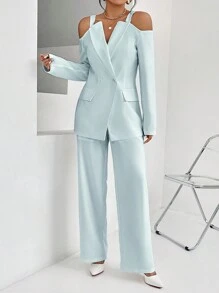 SHEIN Privé 純色無腰帶露肩西裝外套 - 淺藍色 - 查看 4