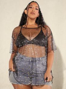 SHEIN CURVE+ Kích thước lớn Của phụ nữ Sáng bóng Lưới Áo - màu đen - Xem 3