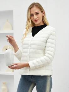 Của phụ nữ Màu thuần Nút phía trước Áo lông Jacket  Với Nghiêng Túi - trắng - Xem 3