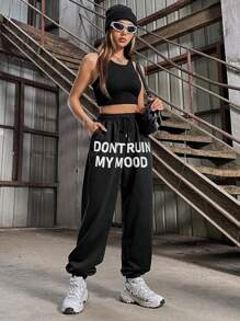 SHEIN Unity 女士黑色印花束口褲 - 黑色 - 查看 5