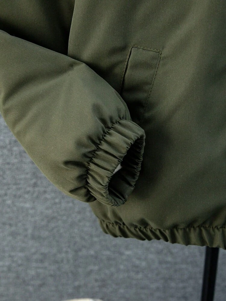 Tween Boy Cute Bear Pattern Stand-Up Collar Green Padded Coat, For Children Aged 8 Or Above