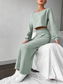 EURMUSE Women's Monochrome Ribbed Striped Round Neck Top And Skirt Set - Mint Green - View 4