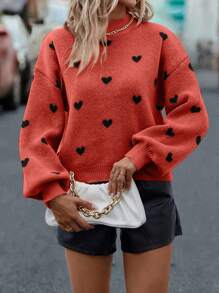 SHEIN LUNE 愛心圖案超大號下垂肩毛衣 - 玫瑰紅 - 查看 5