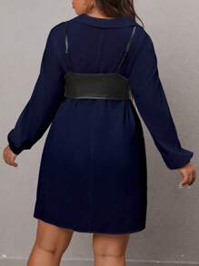 SHEIN LUNE Plus Size Solid Color Shirt Dress And Pu Camisole Top Two Pieces Set - Royal Blue - View 2