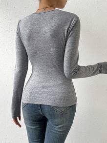 SHEIN Privé Xoắn Nút phía trước Nhiệt Tay áo dài Áo thun - Màu Xám nhạt - Xem 2