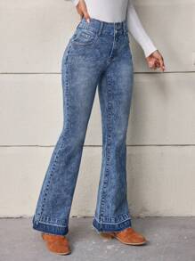 SHEIN LUNE Jeans évasés effilochés avec poches latérales pour femmes - Bleu azur - Voir 3