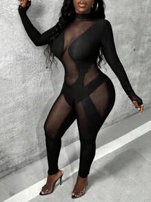 Slaydiva Mesh Insert Unitard Jumpsuit - Black - View 3