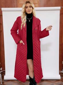 SHEIN LUNE 女士大翻领菱形格纹绗缝加厚外套 - 紅色 - 查看 3