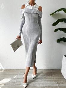 SHEIN Privé 冷肩設計，下擺劈片設計的2合1連衣裙 - 灰色 - 查看 5