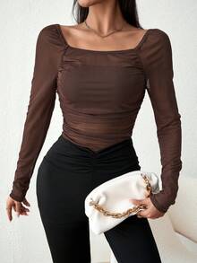 SHEIN Privé Solid Color Mesh Square Neck Pleated Long Sleeve Top - Brown - View 5