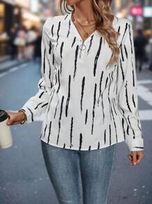 SHEIN Essnce Patterned Zip Detail Long Sleeve Shirt - Black and White - View 1