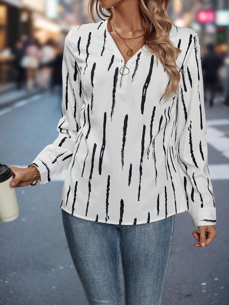SHEIN Essnce Patterned Zip Detail Long Sleeve Shirt - Black and White - View 1