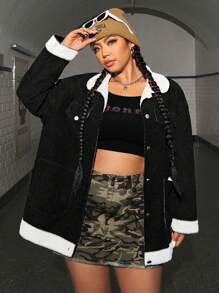 SHEIN EZwear Chaqueta De Talla Grande Con Botones Delanteros, Bolsillos Y Detalles De Contraste