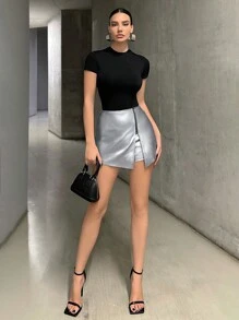 SHEIN Essnce Zipper High Waist Asymmetrical Hem Skort - Silver - View 3