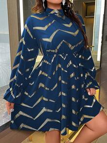 Celure Hơn In Chevron tay áo lá sen Đầm - Xanh đậm - Xem 4