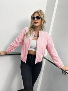 街頭潮流拉鍊前斜口袋彈性下擺垂墜肩複合布春裝休閒牛仔上衣 - 粉色 - 查看 5