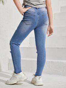 Tween Girl Fashion Washed Slant Pocket Ripped Jeans - Medium Wash - View 2