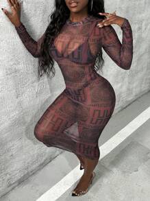 Slaydiva Geometric Pattern Mesh Perspective Dress - Burgundy - View 1