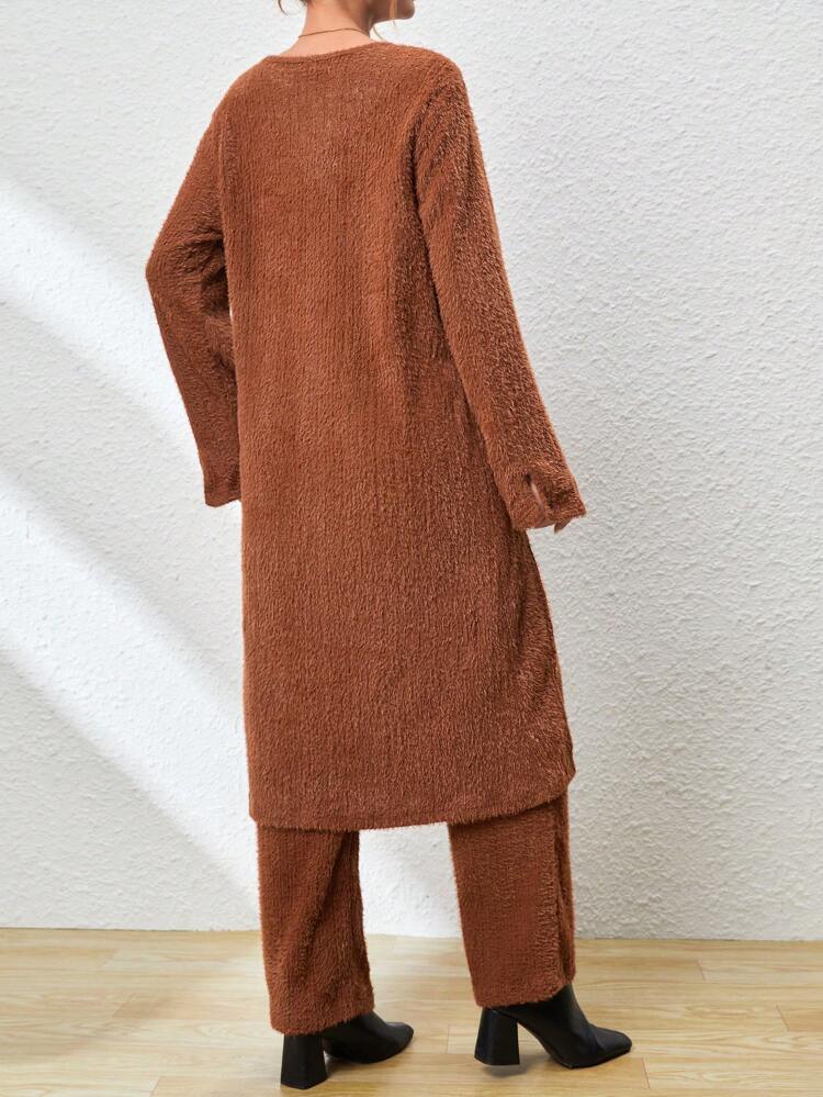 Solid High Low Hem Fuzzy Tee & Pants