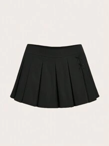 ROMWE Kawaii Chân váy xếp ly đính nơ cỡ lớn, đi học - màu đen - Xem 1