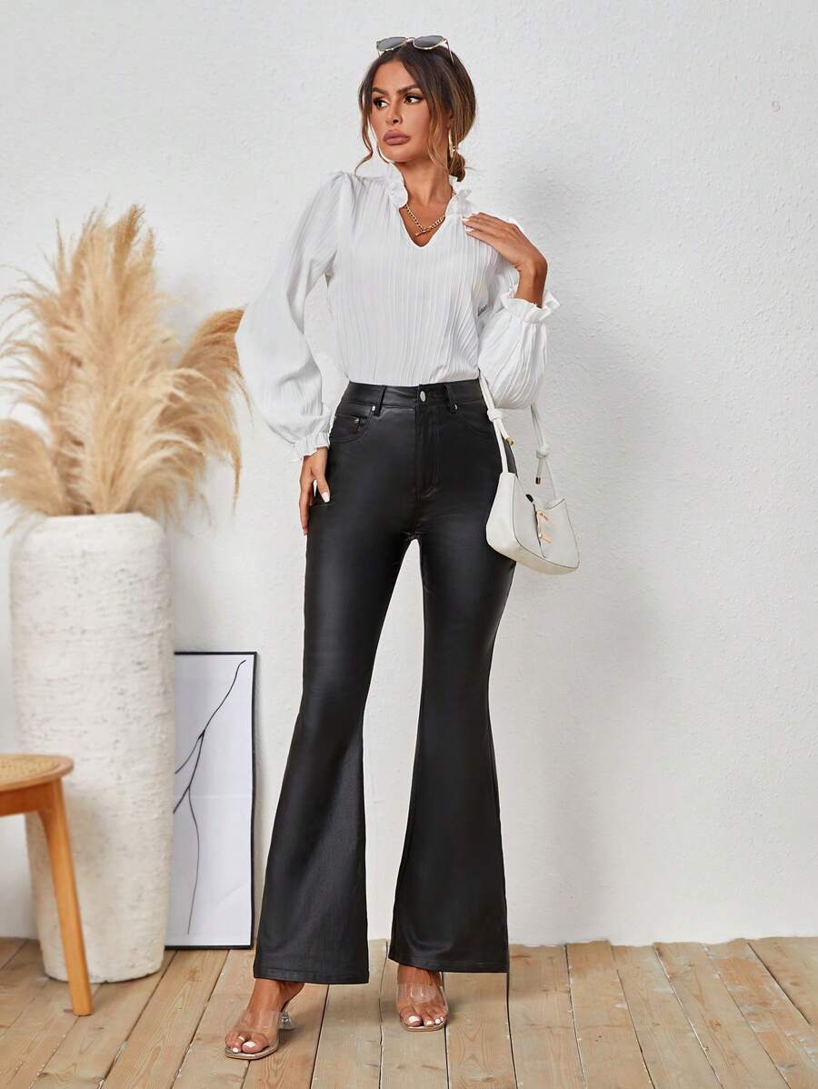 SHEIN LUNE 女士時尚純色修身喇叭褲，休閒款式 - 黑色 - 查看 1