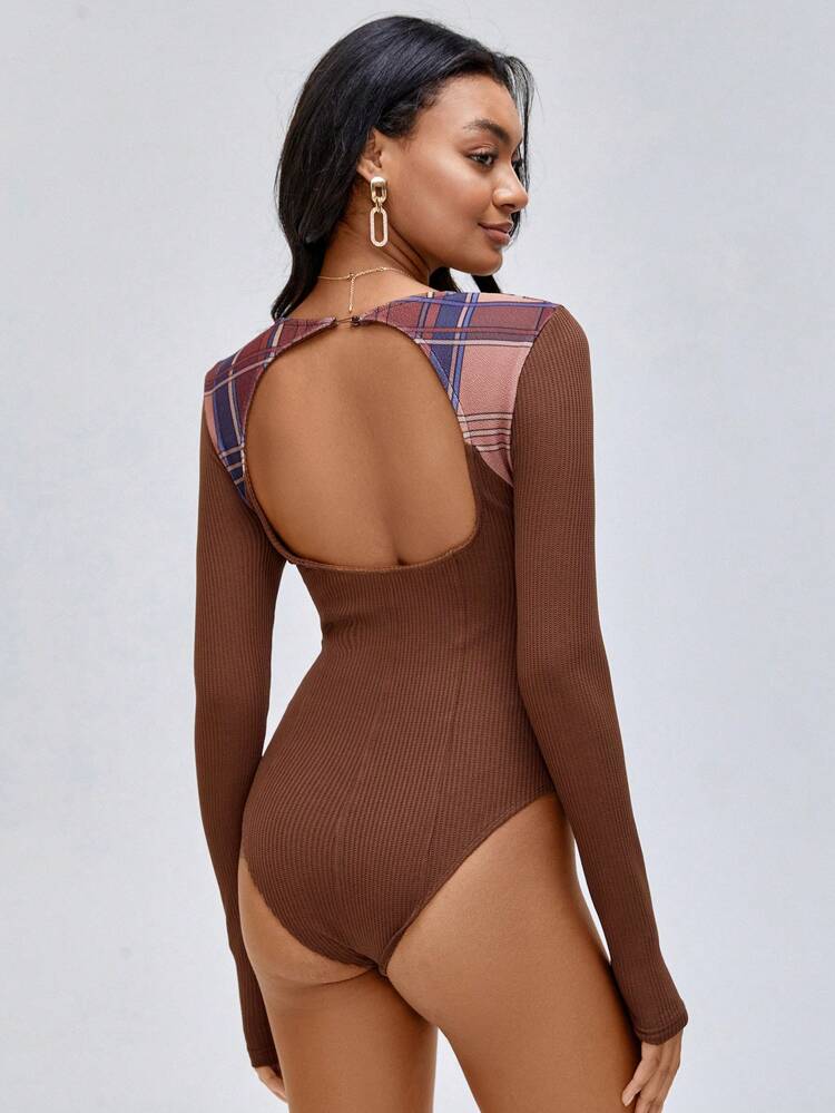 Designer Plaid Print Open Back Bodysuit, For Holiday, Vacation, Spring, Beach, Festival, Ibiza Fits