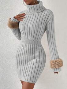 Chiquease Slim Fit Turtleneck Sweater Dress Without Waist Belt - Grey - View 4