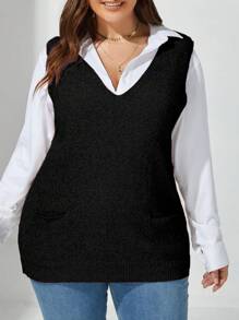 Blusa sin mangas de punto con cuello en V y detalle de lazo para mujer tallas grandes, prenda de punto informal para otoño/invierno - Negro - Ver 4