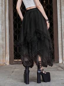 ROMWE Goth Asymmetrisk Flerlagers Lace Patchwork-kjol - Svart - Visa 2