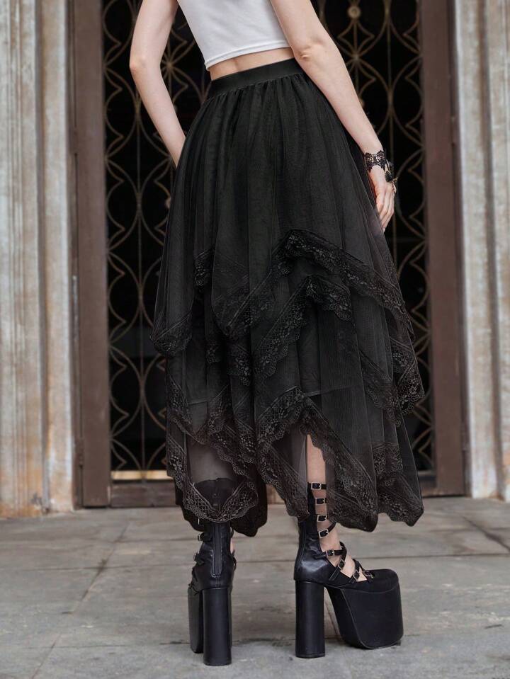 Our Goth Asymmetrical Multi-Layer Lace Patchwork Skirt is