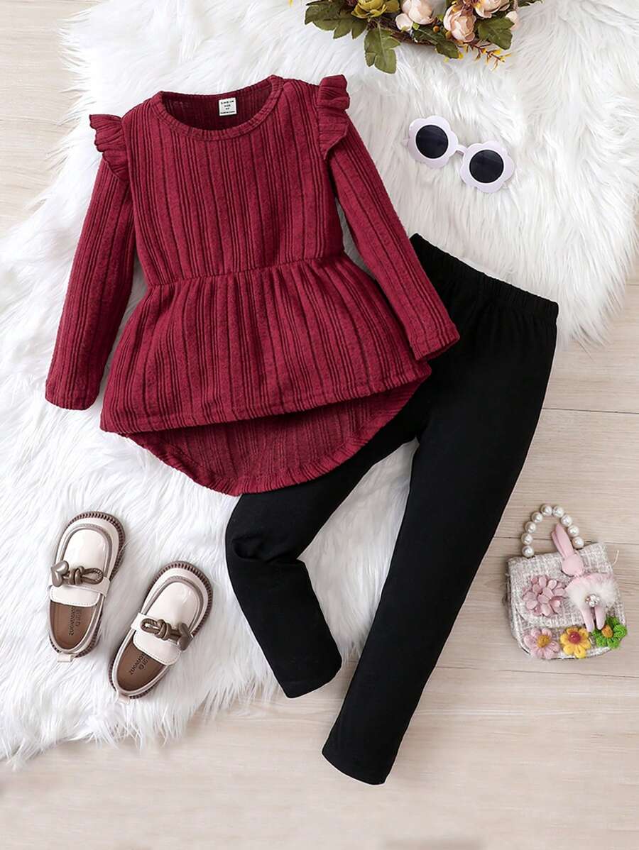 SHEIN Cô Gái Trẻ Giải trí Viền Ruffle Áo thun Quần Bộ đồ - Màu Đỏ Sâu - Xem 1