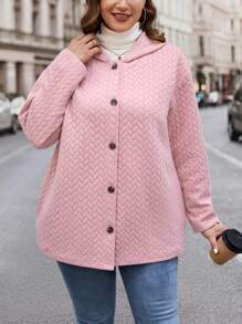 SHEIN LUNE Plus Button Front Hooded Coat - Pink - View 3
