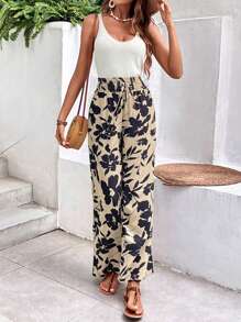 SHEIN VCAY 女士高腰寬鬆全印花褲子 - 黑色 - 查看 5