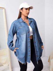 SHEIN EZwear Của phụ nữ Áo denim Với Frayed Hem Và Kích thước lớn - Rửa tối - Xem 5