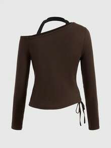 ROMWE Grunge Punk Áo thun xếp nếp vai dây rút bất đối xứng có in khẩu hiệu - màu nâu - Xem 2