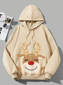 SHEIN EZwear Nai sừng tấm Giáng sinh In Dây rút Hoodie - Màu Khaki - Xem 1